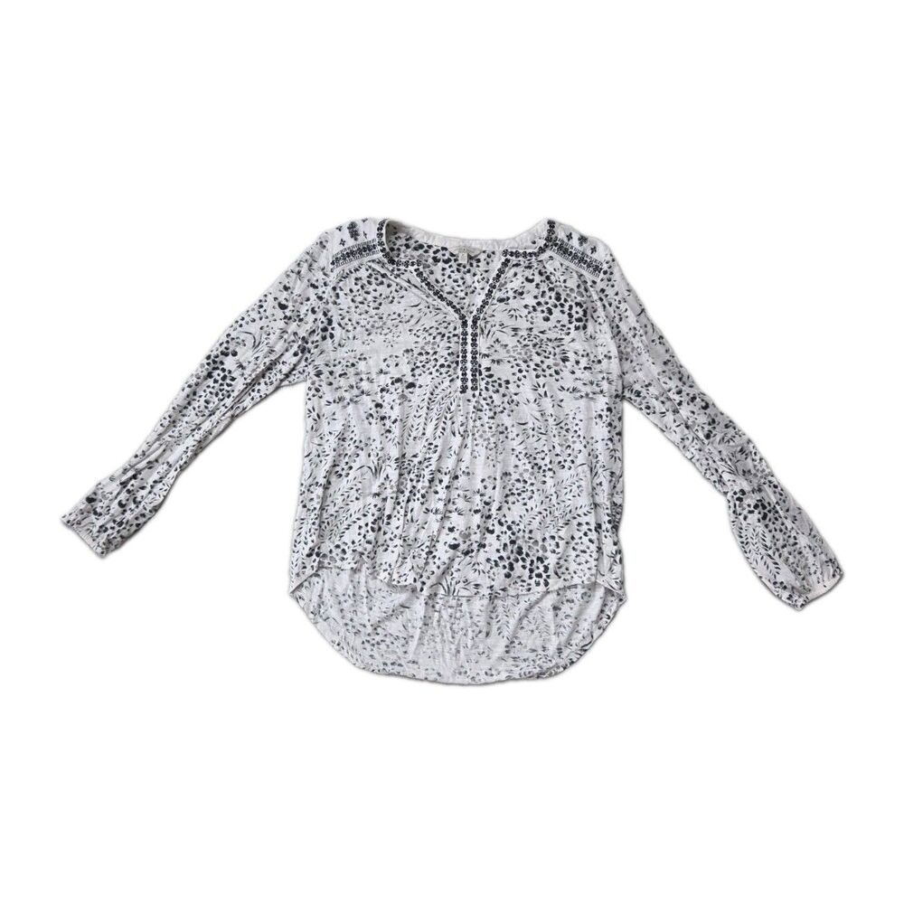 Lucky Brand White Black Floral Embroidered Boho Peasant Tunic Top Womens M EUC